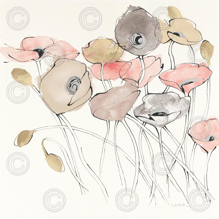 Black Line Poppies I Watercolor Neutral